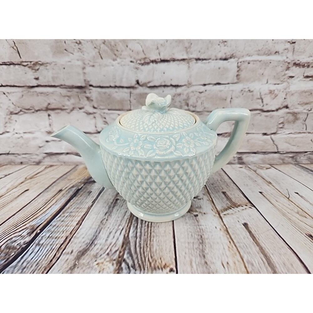 Vintage Ceramic Aqua Blue Teapot with Lid Made in Japan Rose Lid